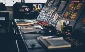 Ship control room with panels and equipment
