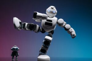 Two humanoid robots posing dramatically on gradient background.